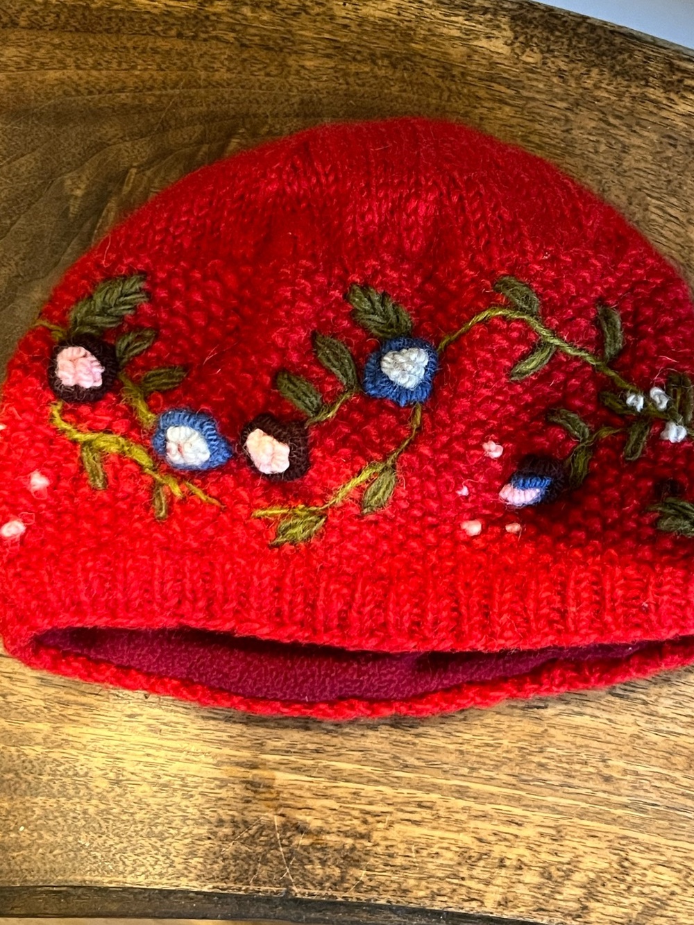 Wool Hand Embroidered Fleece- Lined Floral Beanie Winter Hat